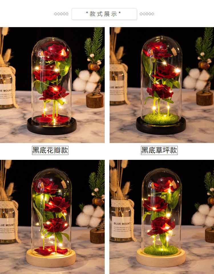 Three Preserved Flower Valentine's Day Gifts Ideas Enchanted Led Lights in Glass Dome Eternal Rose Ornaments