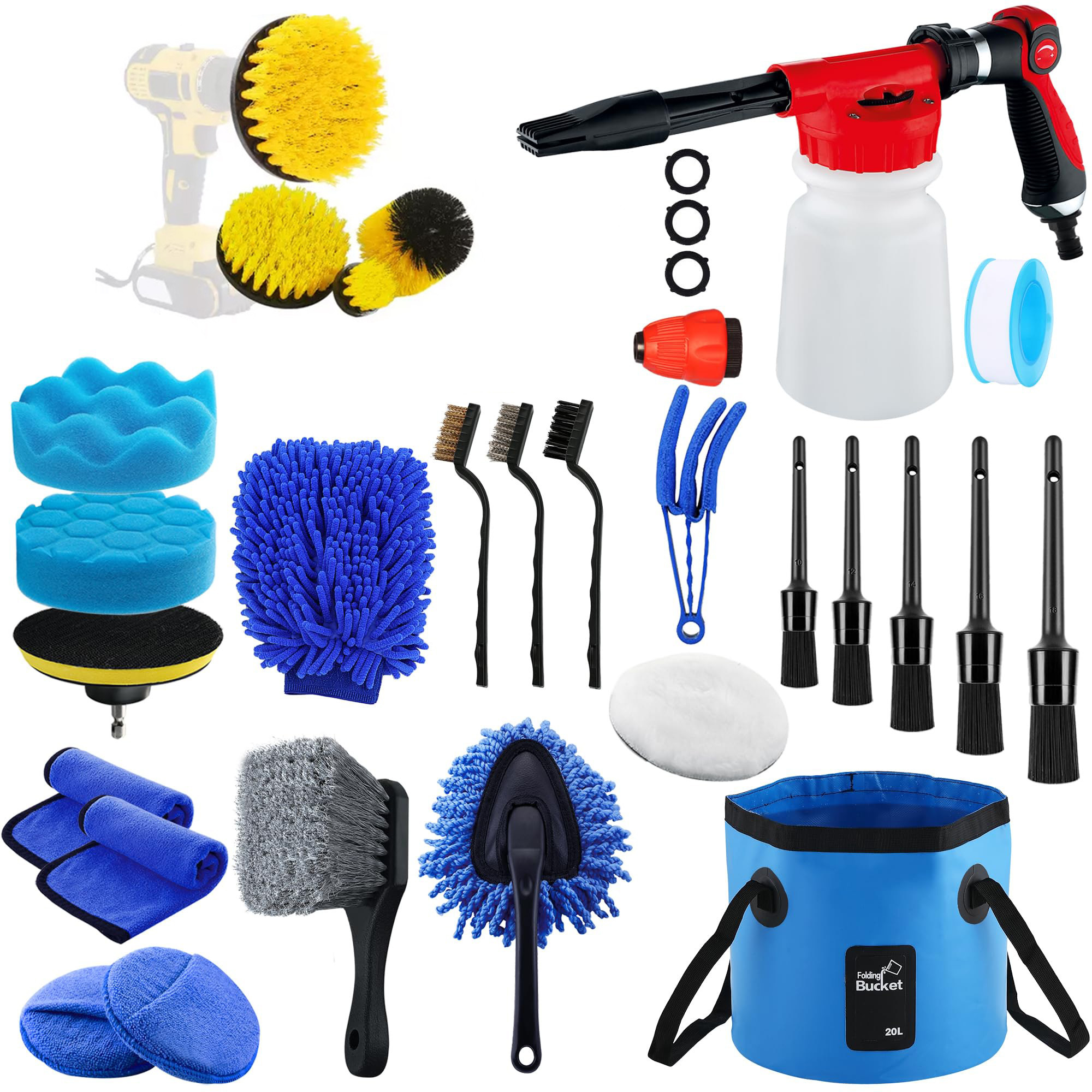 27pcs Car Wash Cleaning Detailing Kit with Foam Gun Wheel Drill Brush Set Polishing Kit