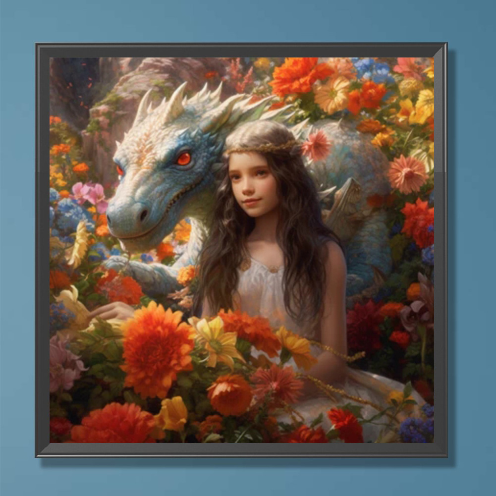 1pc DIY 5D Diamond Painting Art Craft 40*40cm Frame Little Dragon Lady Pet Dragon Pattern Wall Decoration Thanksgiving Mother's