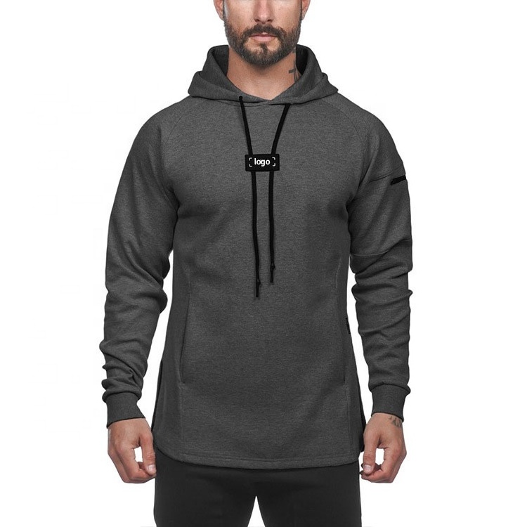 Custom private logo curved hem Split Hoodie Mens Workout Hoodie zipper pocket Cotton Solid Fitness Raglan Sleeves Hoodie