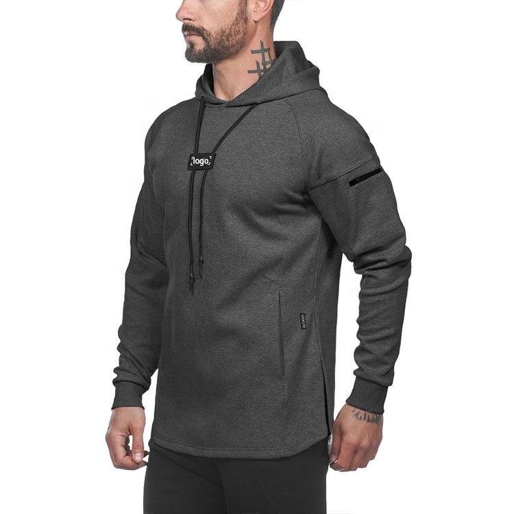 Custom private logo curved hem Split Hoodie Mens Workout Hoodie zipper pocket Cotton Solid Fitness Raglan Sleeves Hoodie