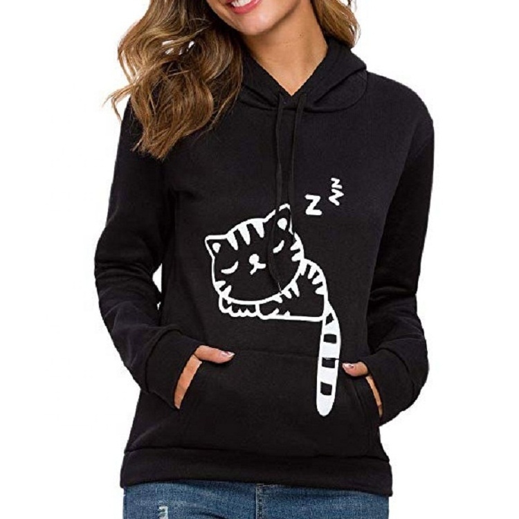 Manufacturer Custom Logo Women Cat Ear Printed Pullover Hoodies Teen Girl Cute Fleece Hooded Sweatshirt