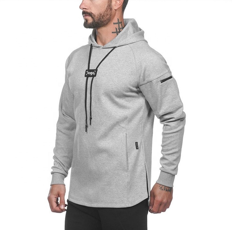 Custom private logo curved hem Split Hoodie Mens Workout Hoodie zipper pocket Cotton Solid Fitness Raglan Sleeves Hoodie