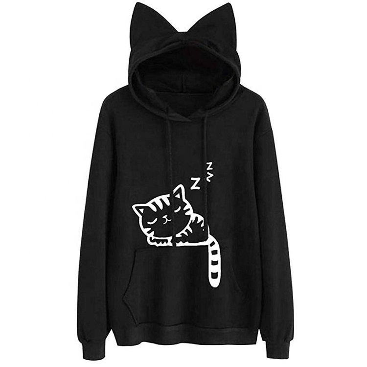 Manufacturer Custom Logo Women Cat Ear Printed Pullover Hoodies Teen Girl Cute Fleece Hooded Sweatshirt