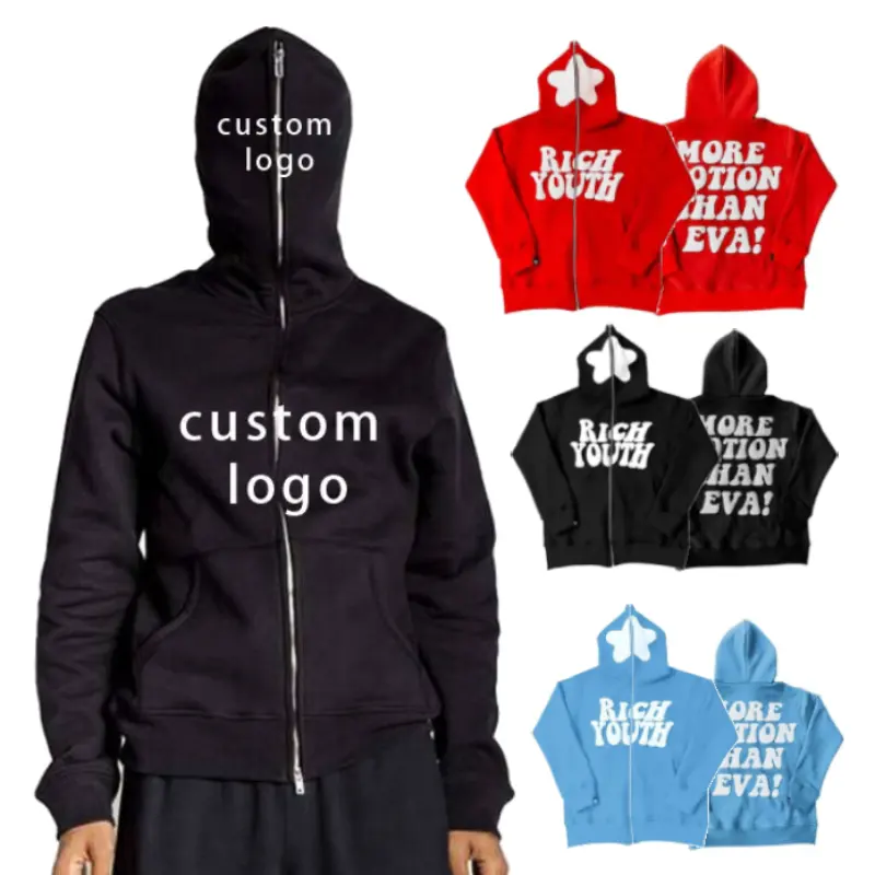 Custom Men's Full Zip Up Hoodie Cotton High Quality Fleece Blank Drop Shoulder Puff Printing Hoodie For Men