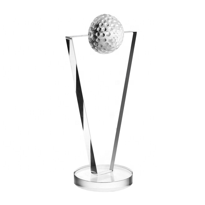 Factory Directly Custom Glass Trophy Crystal Award Plaques With Golf Ball for Sports Meet