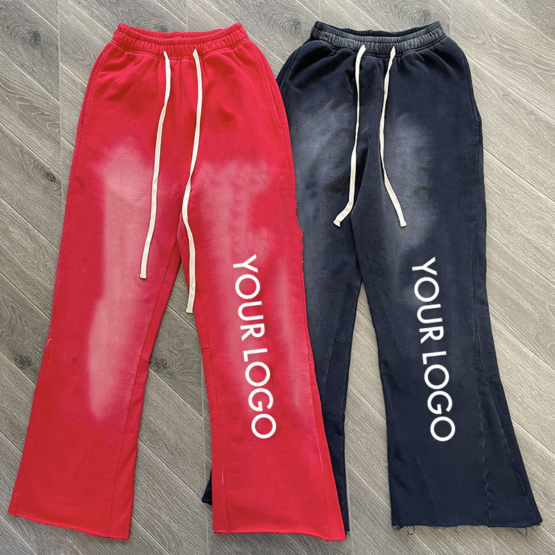 Streetwear 100% Cotton Raw Hem Cut Edge Acid Wash Flare Fleece Pants Custom Puff Print Wide Leg Flared Sweatpants For Men