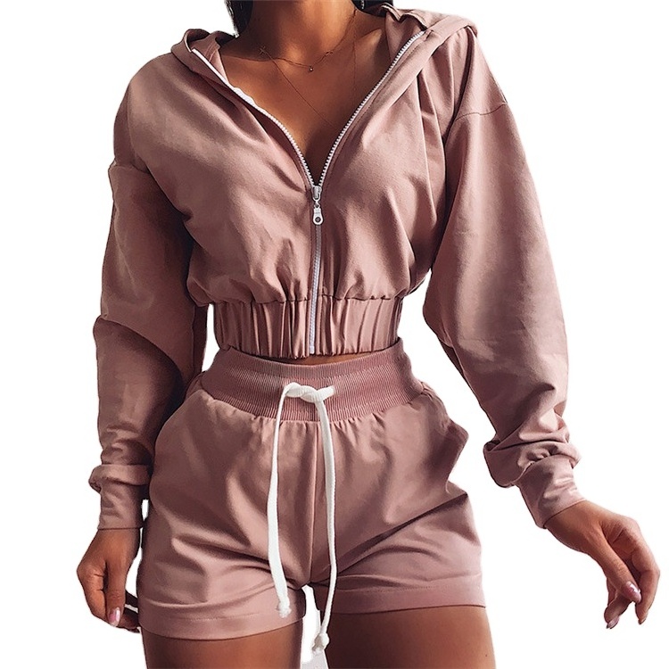 Hot sale fitness outfits hip hop sweat suits long sleeve cropped zipper hoodie and shorts two piece sexy tracksuit set women