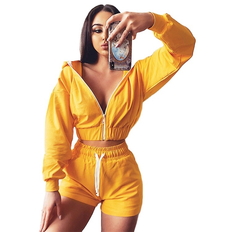 Hot sale fitness outfits hip hop sweat suits long sleeve cropped zipper hoodie and shorts two piece sexy tracksuit set women