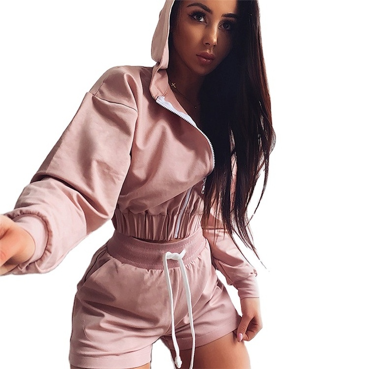 Hot sale fitness outfits hip hop sweat suits long sleeve cropped zipper hoodie and shorts two piece sexy tracksuit set women