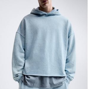 vintage wash men's cotton oversized drop shoulder raw hem cropped boxy hoodie streetwear pullover hoodies for men clothing 2024