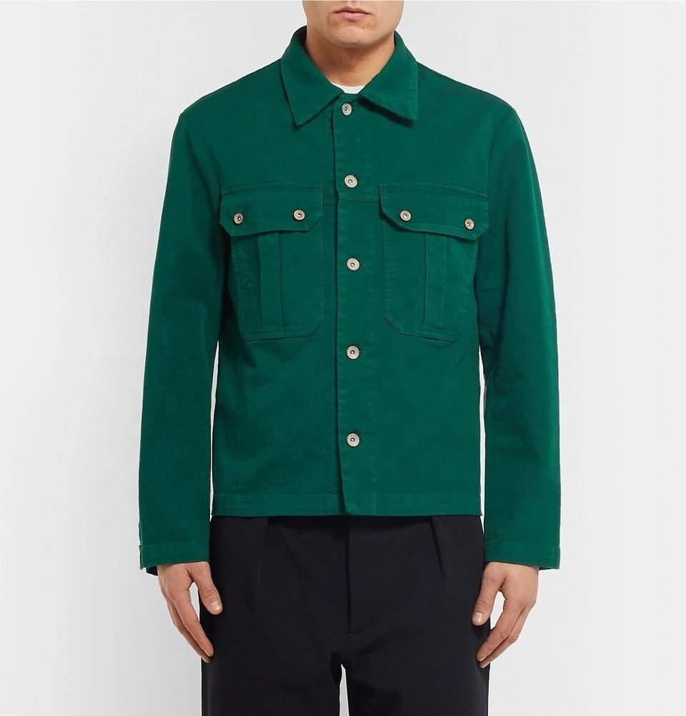 Pakistan Breathable Turn Down Collar Button Up Front Durable Green Cotton Work wear Heavy Cotton Work Jacket with Hand Pockets