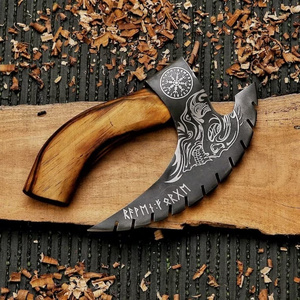 Hot Selling High Quality Hand Forged High Carbon Steel Etched Pizza Axe, Pizza Slicer, Viking Pizza Cutter With Leather Sheath