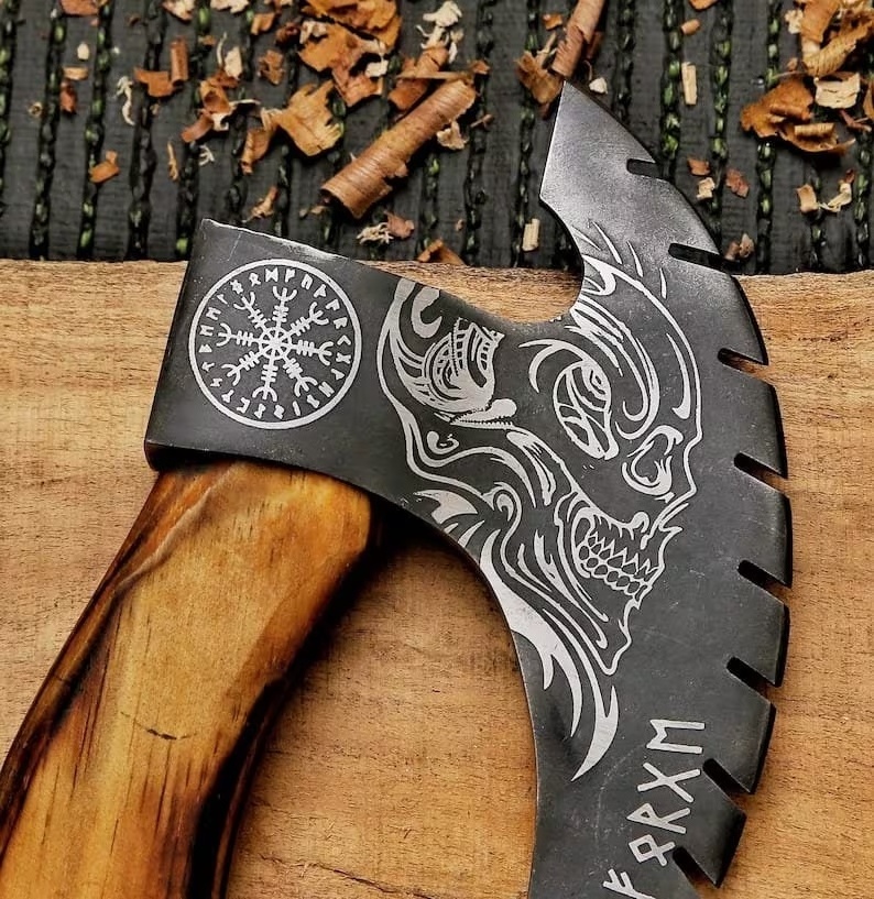 Hot Selling High Quality Hand Forged High Carbon Steel Etched Pizza Axe, Pizza Slicer, Viking Pizza Cutter With Leather Sheath