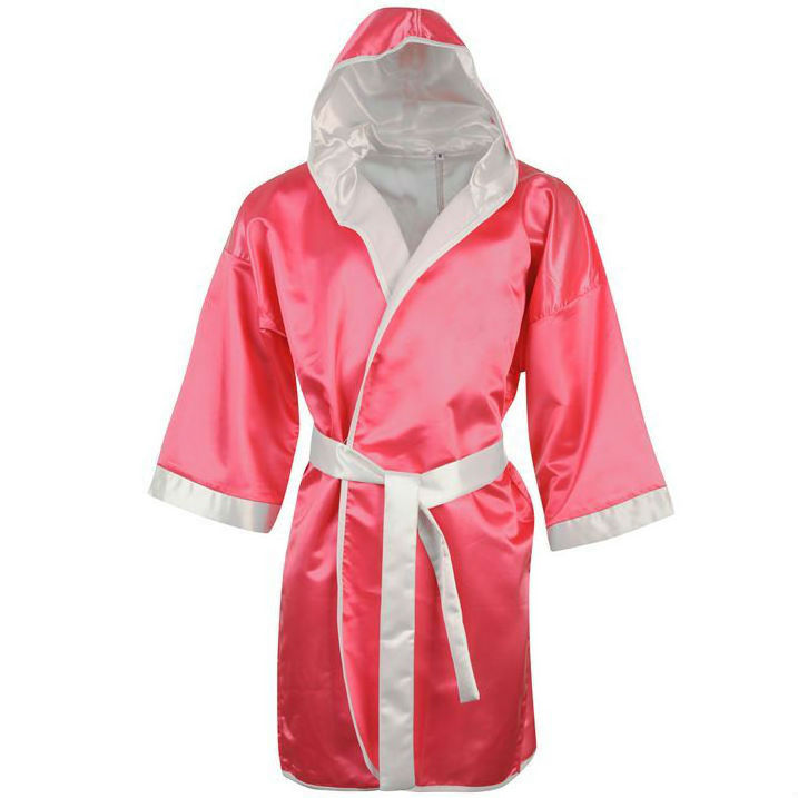 Sexy Ladies Full Length Satin Boxing Robe White with Pink Trim