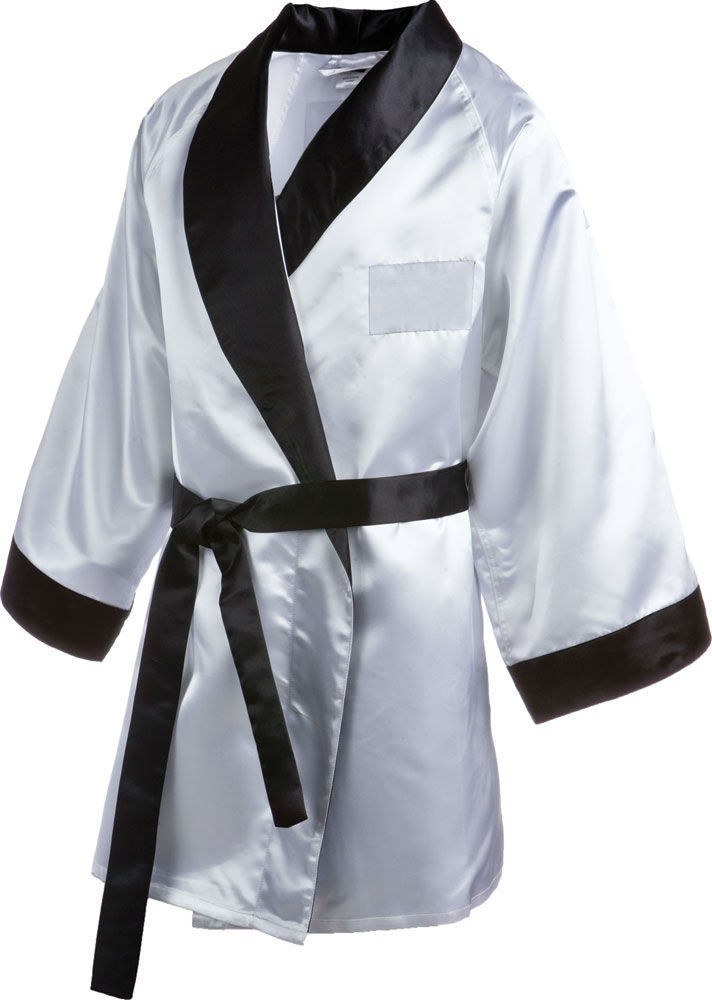 Sexy Ladies Full Length Satin Boxing Robe White with Pink Trim