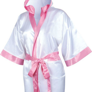 Sexy Ladies Full Length Satin Boxing Robe White with Pink Trim