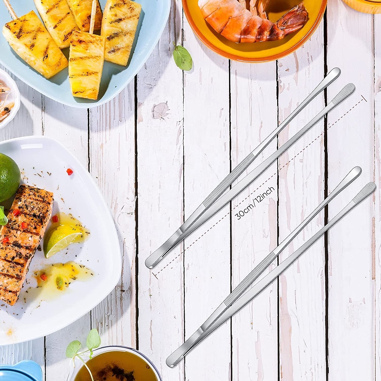 Stainless Steel 2 Pieces 12 Inch BBQ Kitchen Tongs Extra Long with Round Tip Tweezers Supplier Direct Wholesale low price