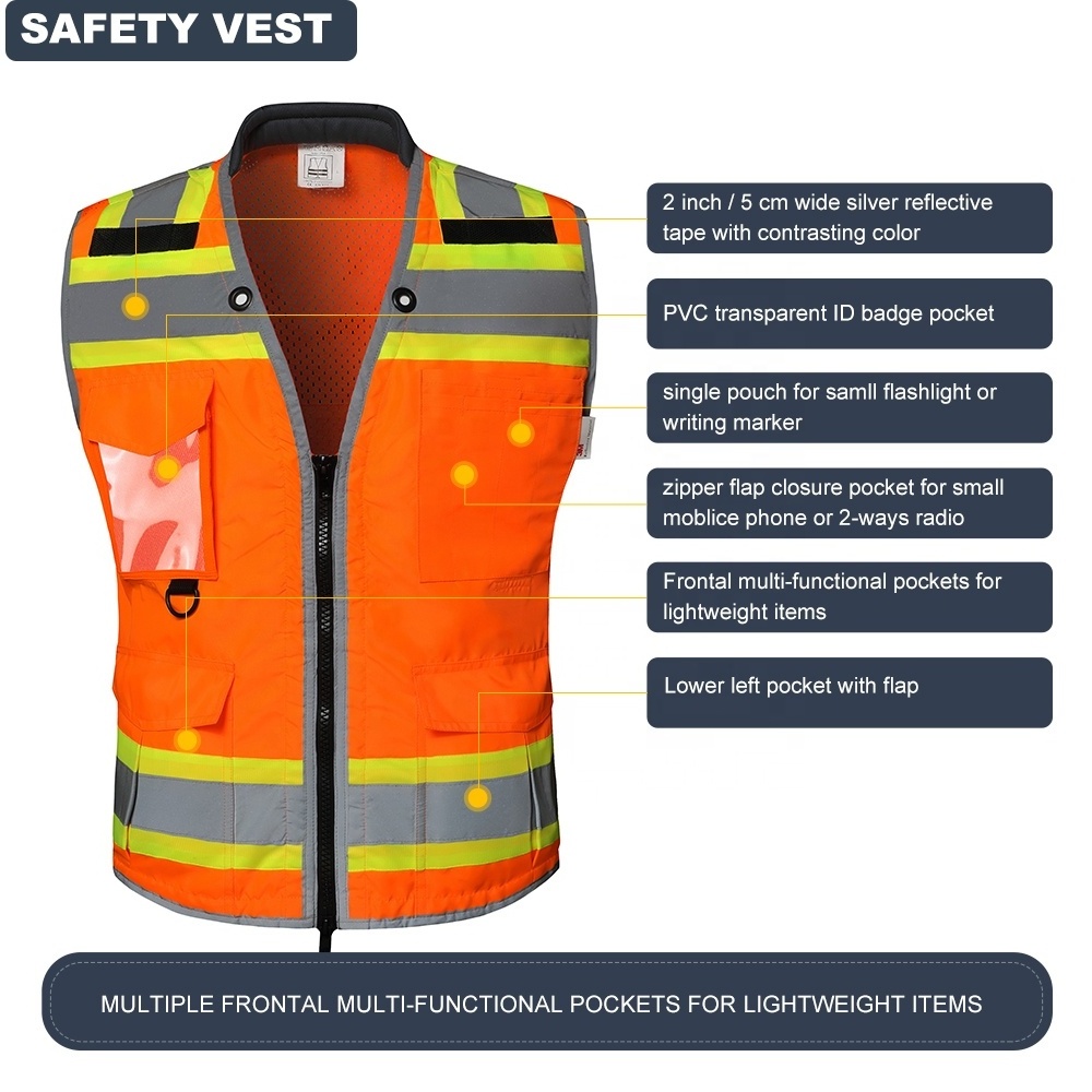 Industrial Safety Vest with Reflective Stripes, Neon Orange