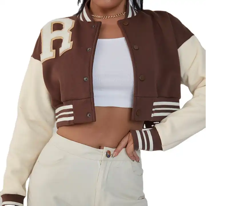 oem crop top jacket women / Custom Logos Crop top women jacket / wool body sleeves short body varsity jacket