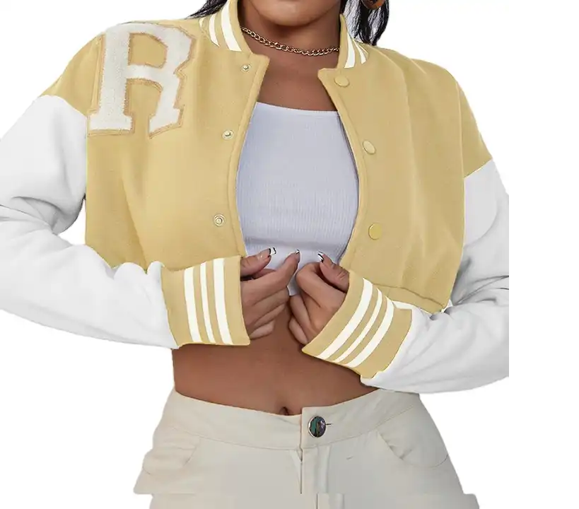 oem crop top jacket women / Custom Logos Crop top women jacket / wool body sleeves short body varsity jacket