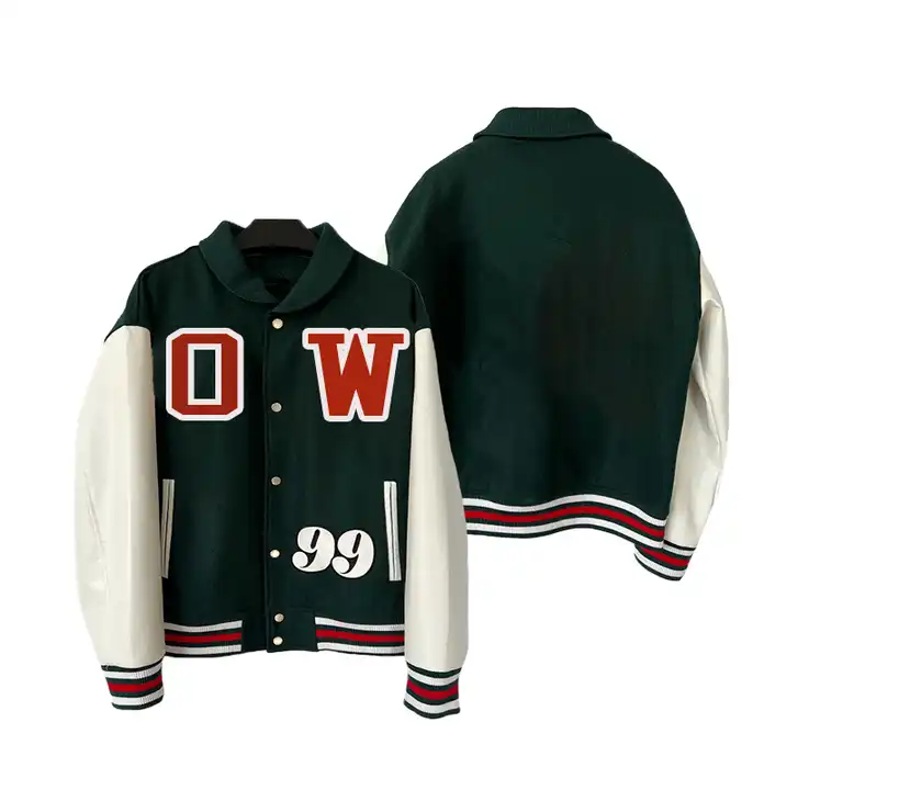 Customize Wool College Varsity Jacket Men Leather Sleeve Plain Green And Yellow Lettermen Baseball Versity Jacket