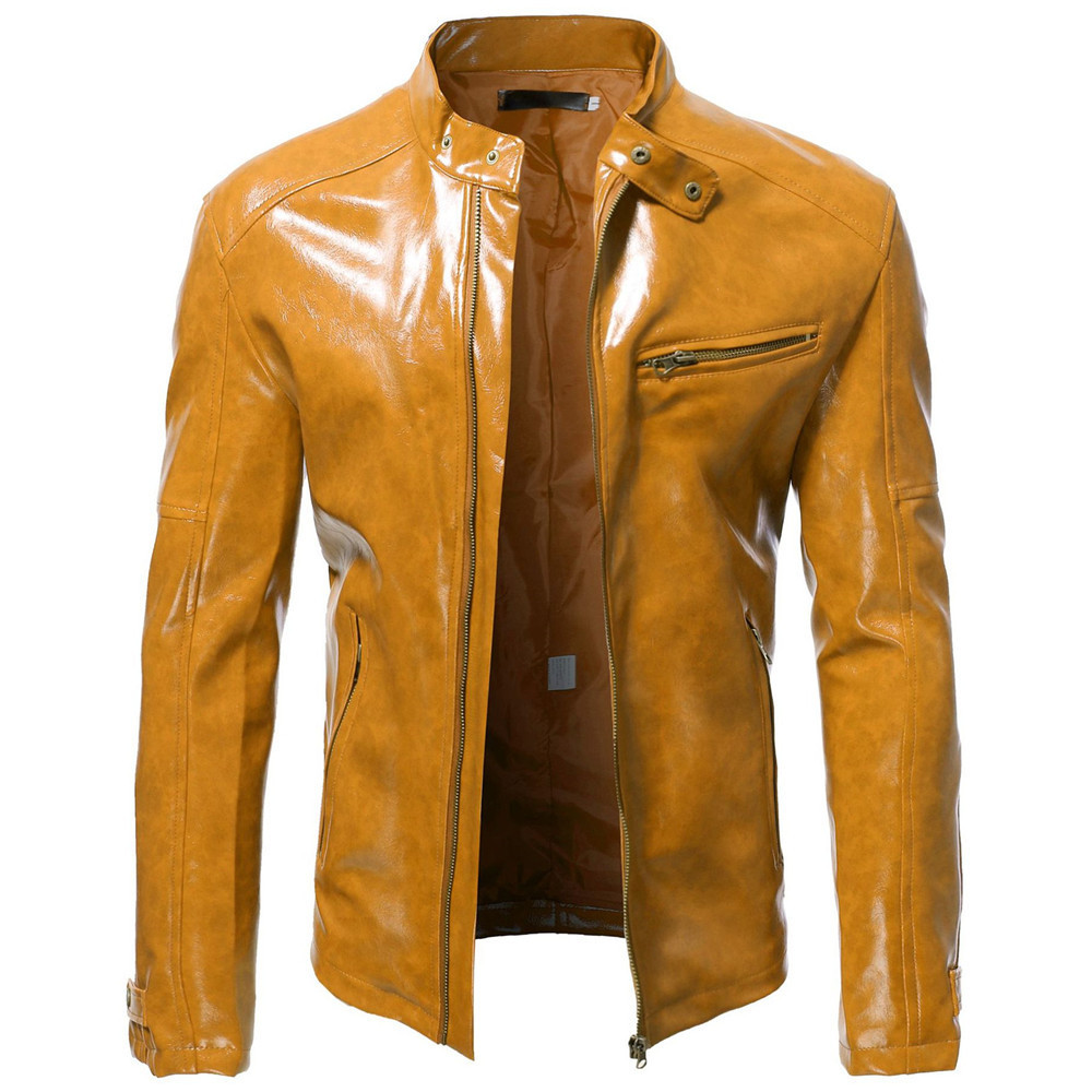 2023 New Arrival Jackets Men's Fashion Brown Zipper design Stand Collar leather jacket with side Pockets coat style