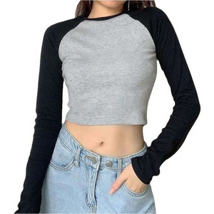 Fashion Fall Spring Ladies Basic Tees Designed Slim Fit Long-sleeved Sexy Raglan Contrast Sleeves Cropped T shirts For Women