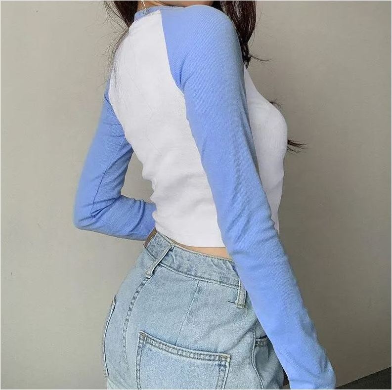 Fashion Fall Spring Ladies Basic Tees Designed Slim Fit Long-sleeved Sexy Raglan Contrast Sleeves Cropped T shirts For Women