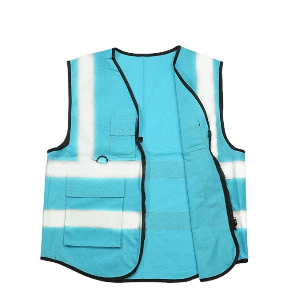 Blue Zipper Multi Pockets Reflective Tape Breathable Design Safety Vest made in pakistan