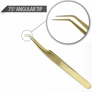 Custom Logo Gold Russian Tweezers 75 Degree Angular Tip Bulk Private Label Eyelash Extension Tweezers