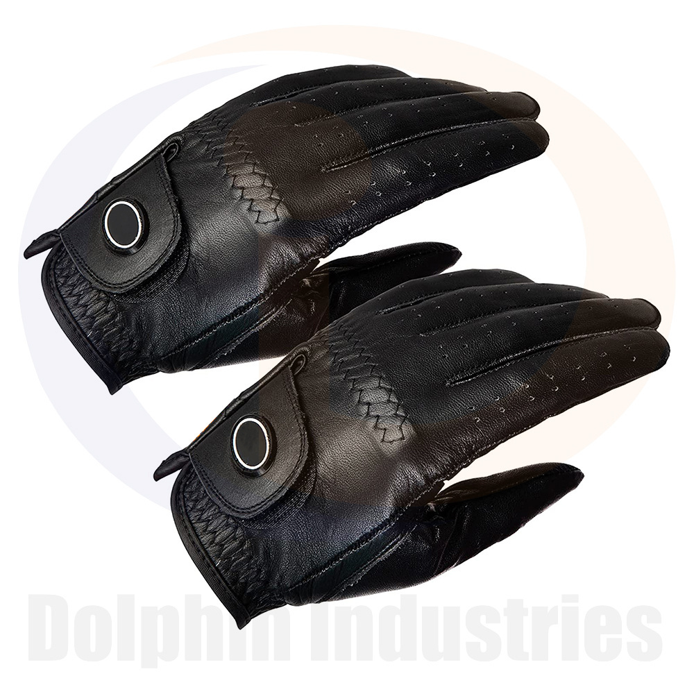 Black Color Plain Dyed Customized Cabretta Leather Made Polo Golf Gloves For Youth Private Logo Printed Gloves In Wholesale