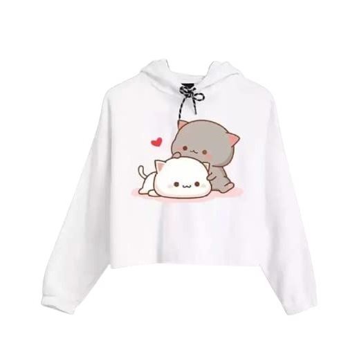 Women's Fabric Digital Cat Print White Crop Top Casual Solid Hoodie Neck Long Sleeve Stylish