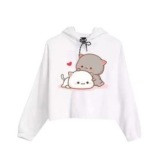 Women's Fabric Digital Cat Print White Crop Top Casual Solid Hoodie Neck Long Sleeve Stylish