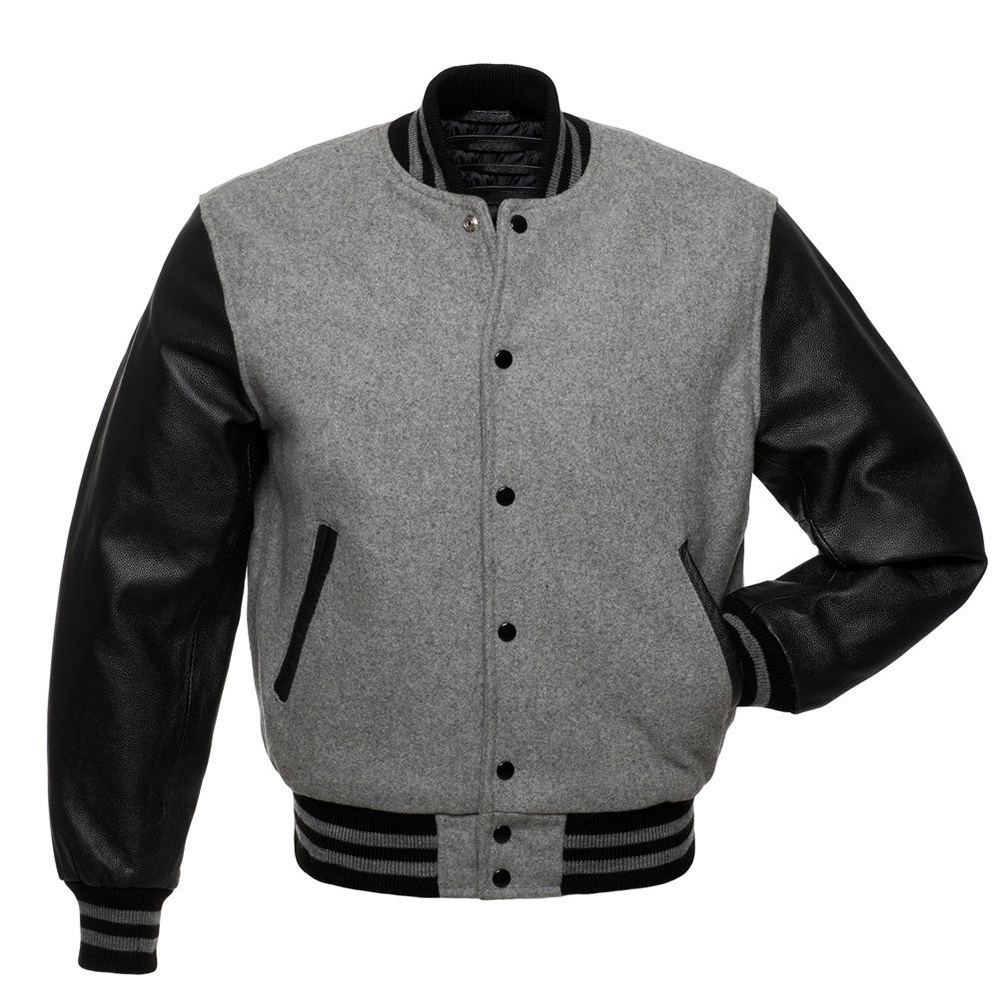 GREY WOOLBLACK LEATHER   Men Old School Varsity Jackets Men Wholesale Blank Cropped Letterman Varsity Jackets Custom