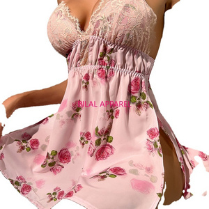 Ladies Night Gown Wear Pink floral women's sleepwear lady sexy nighty Breathable Women's Sleepwear from Pakistan