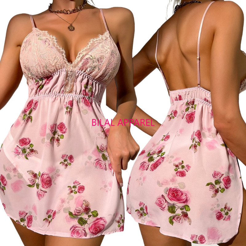 Ladies Night Gown Wear Pink floral women's sleepwear lady sexy nighty Breathable Women's Sleepwear from Pakistan