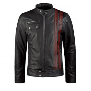 Vintage Style Men Motorcycle Jacket With Bold Red Stripe Motorbike Racing Riding Leather Jacket