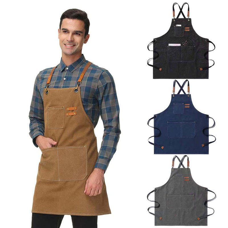 Custom Logo Bbq Restaurant Beauty Coffee Shop Bakery Denim Canvas Chef Kitchen Apron With Strap