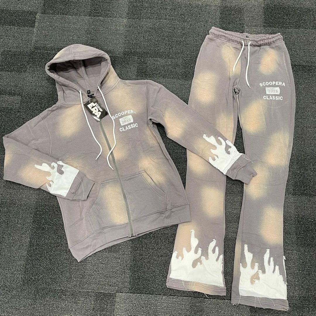 Trendy Acid Washed Customized Tracksuit Sweat Suit Unisex Sweat Jogger Set Vintage Full flare Hoodies Tracksuit Sweat Suits