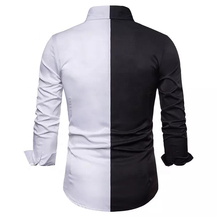 Streetwear Wholesale Long Sleeve Fitness Split Two Tone Color Block Custom Logo Cotton Half Black Half White Shirt for Men