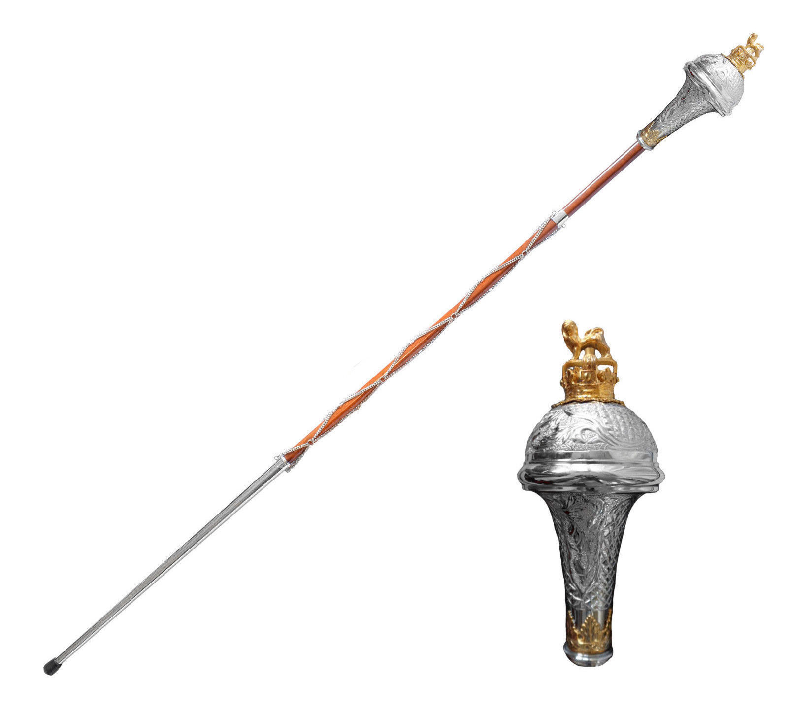 Drum major mace marching stick embossed silver gold lion crown