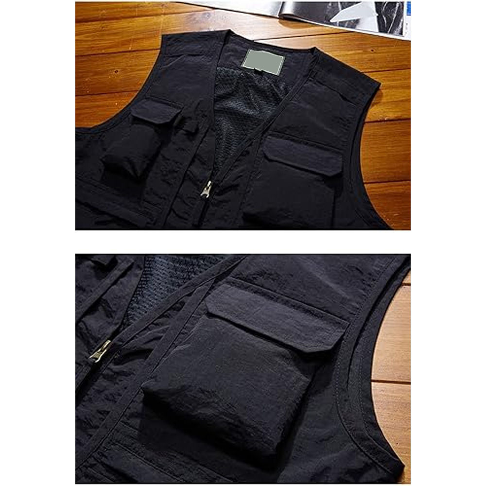 Latest Men OEM Design Multiple Pockets Black Sleeveless Utility Cargo Vests For Sale Men Breathable Work Wear Mesh Vests