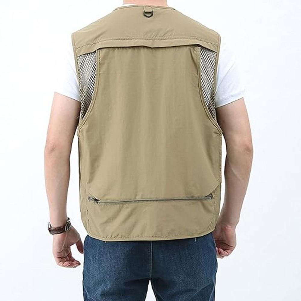 Top Selling Men Khaki Colour Cotton Multiple Pockets Utility Cargo Vests With Back Mesh Lining For Sale Men Utility Vests