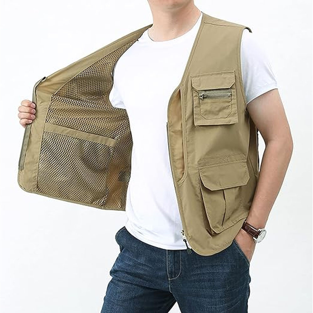 Top Selling Men Khaki Colour Cotton Multiple Pockets Utility Cargo Vests With Back Mesh Lining For Sale Men Utility Vests