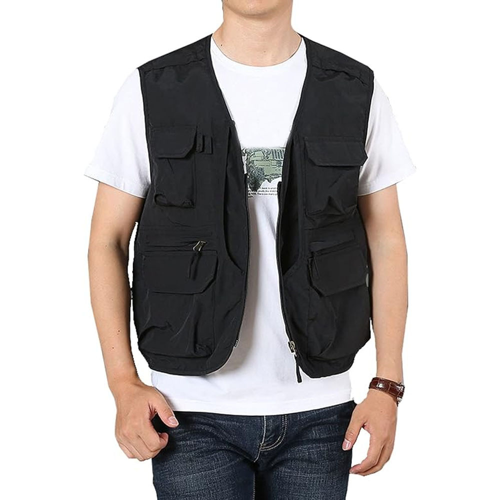 Latest Men OEM Design Multiple Pockets Black Sleeveless Utility Cargo Vests For Sale Men Breathable Work Wear Mesh Vests