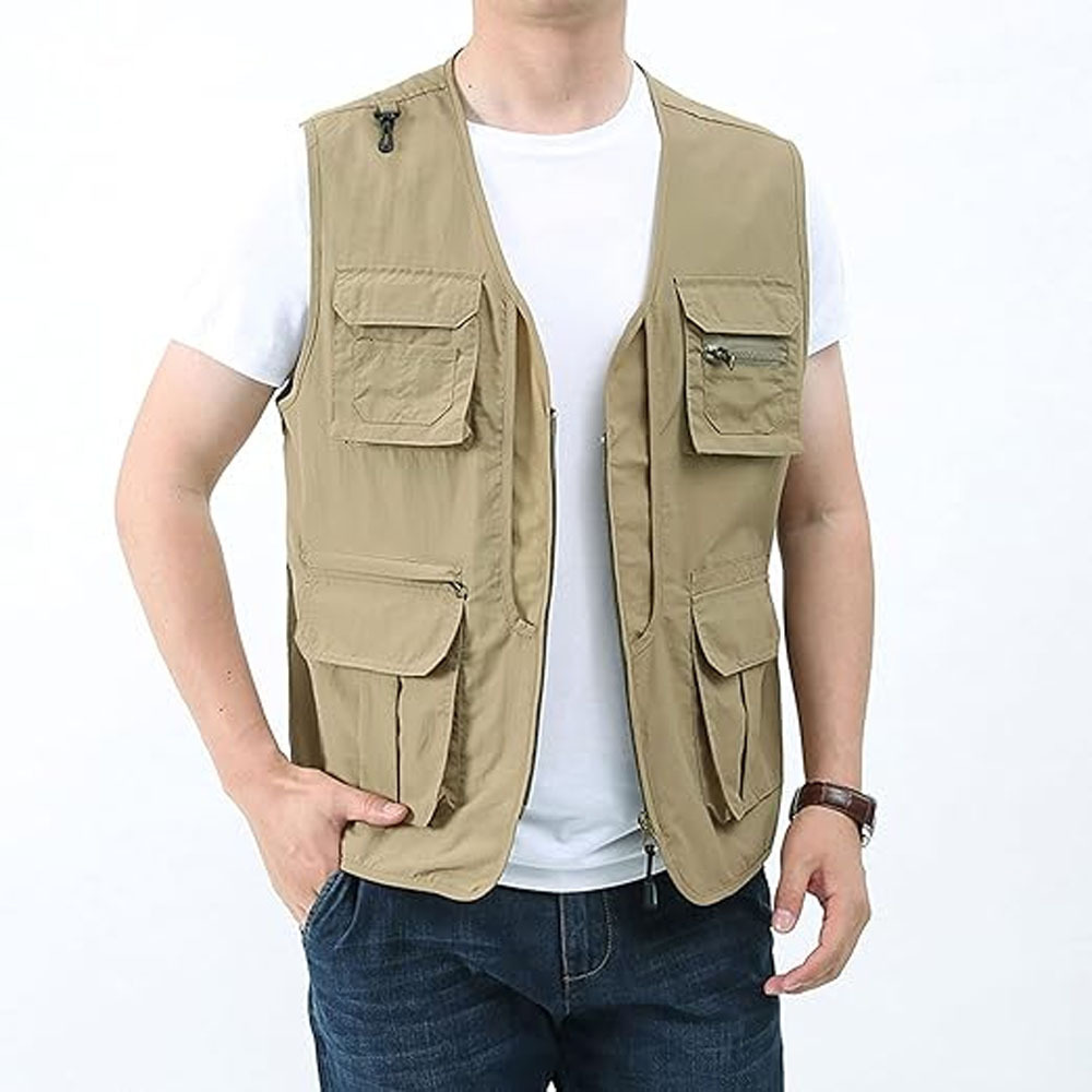 Top Selling Men Khaki Colour Cotton Multiple Pockets Utility Cargo Vests With Back Mesh Lining For Sale Men Utility Vests