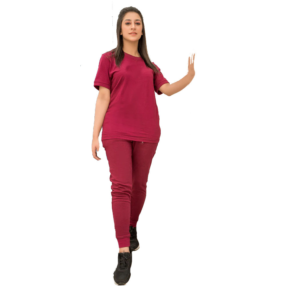 Wholesale Women Maroon Colour Cotton Tracksuit Set Women Plain T Shirt With Trouser Co Ord Set Women Night Suit Set