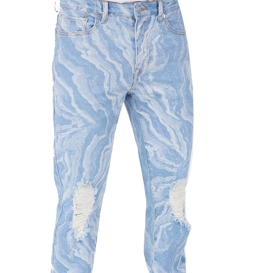 Men Sky Blue Washed Digital Printed Ripped Jeans For Sale Men Denim Jeans In Reasonable Prices Cargo Pants For Men