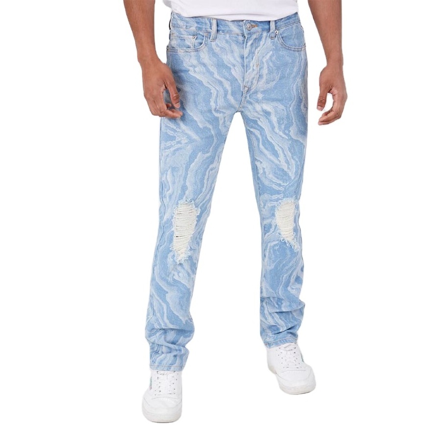 Men Sky Blue Washed Digital Printed Ripped Jeans For Sale Men Denim Jeans In Reasonable Prices Cargo Pants For Men